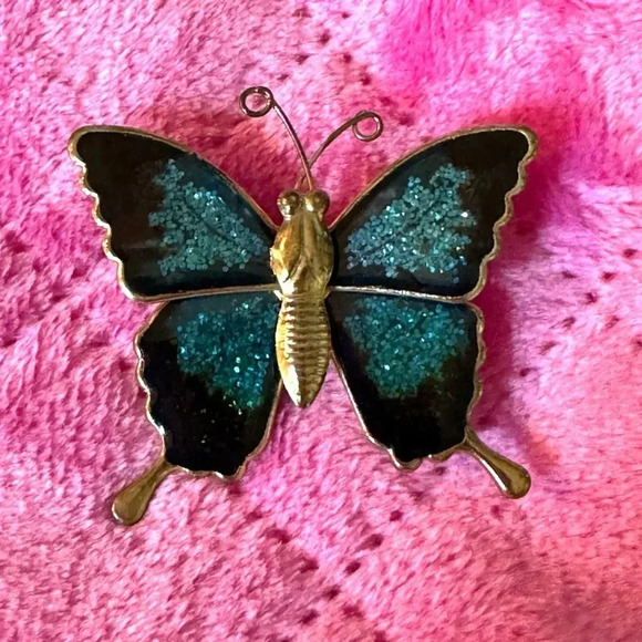 Vintage Northern Blue Butterfly Brooch Sparkle Pin Tin Gold Tone Metal Enamel - Picture 2 of 7